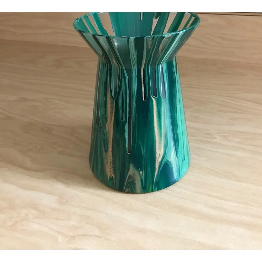 Hand made artisan glass  painted green flower vase